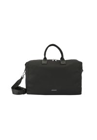 Sac de voyage en nylon noir avec poignées supérieures doubles, bandoulière réglable, fermeture éclair et détail de logo à l'avant. Texture lisse, design moderne.