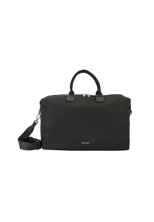 Sac de voyage en nylon noir avec poignées supérieures doubles, bandoulière réglable, fermeture éclair et détail de logo à l'avant. Texture lisse, design moderne.