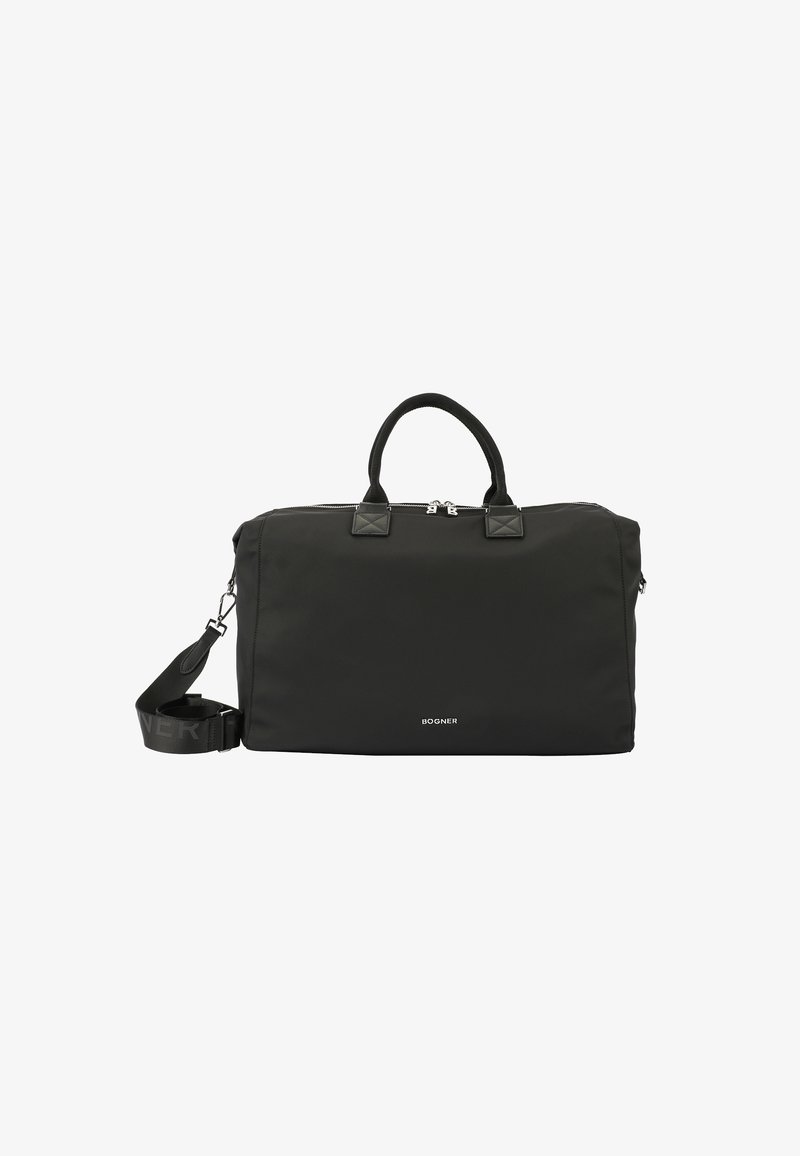 Schwarze Nylon-Duffel-Tasche mit doppelt handlichen Griffen, verstellbarem Schultergurt, Reißverschluss und Logodetail auf der Vorderseite. Glatte Textur, modernes Design.