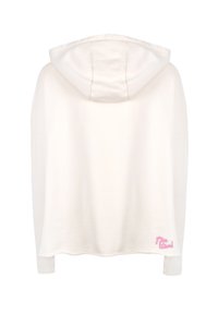 Weißer Kapuzenpullover mit lockerer Passform, versehen mit einem kleinen pinken gestickten Detail auf der unteren rechten Seite. Weicher Stoff und lange Ärmel.
