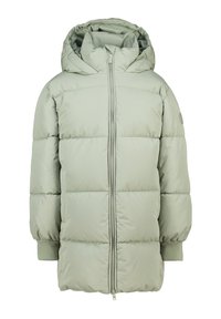 Abrigo de invierno acolchado verde claro con capucha, cremallera frontal, mangas largas y puños elásticos.