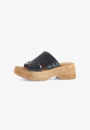 Black leather platform sandals with a wooden sole, featuring an open toe design and cut-out details on the upper.
