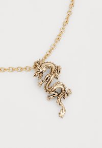 Guld-färgad halsband med en präglad drakpendant, detaljerade fjäll och en länkad kedjedesign. Halsbandet har en glansig finish.