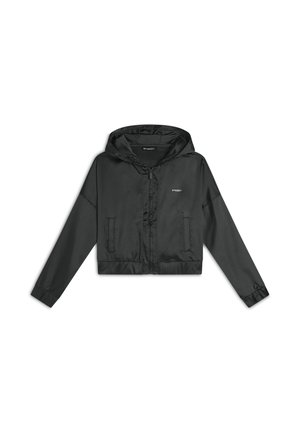 Veste noire courte en tissu brillant, dotée d'une capuche, d'un zip à l'avant, de deux poches latérales et de poignets élastiques. Petit logo sur la poitrine.