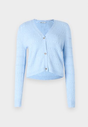 Cardigan azzurro chiaro, texture a coste, design a V, maniche lunghe, chiusure con bottoni a forma di cuore, orlo corto. Tessuto in maglia morbida.