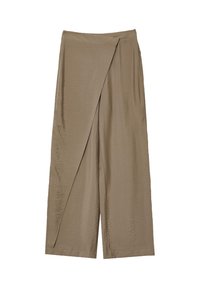 Hochwasser-Hose aus einem weichen, zerknüllten Stoff. Mit einem drapierten Design, asymmetrischer Vorderseite und in einem gedeckten Beigeton.