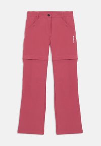 Pantalons softshell roses avec un design droit, comportant des poches latérales et des poignets ajustables pour plus de polyvalence. Le matériau semble léger et durable.