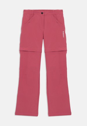 Pantalons softshell roses avec un design droit, comportant des poches latérales et des poignets ajustables pour plus de polyvalence. Le matériau semble léger et durable.