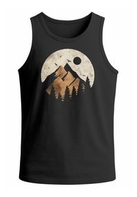 Black tank top featuring a mountain and forest graphic in earthy tones, with a large moon and birds in the background. Smooth fabric.