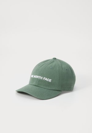 Căciulă verde din bumbac cu vârf curbat și un finisaj texturat. Prezintă un text brodat alb "THE NORTH FACE" pe partea din față.