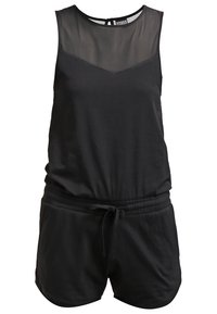 Combinaison noire sans manches avec un haut en mesh transparent, une taille élastique avec un cordon de serrage, et un bas style short.