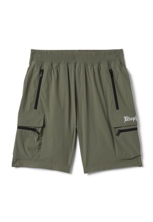 Olijfgroene cargoshorts voor heren met elastische tailleband, twee verticale ritszakken en twee klepzakken met ritsen aan de zijkanten.