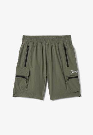 Olijfgroene cargoshorts voor heren met elastische tailleband, twee verticale ritszakken en twee klepzakken met ritsen aan de zijkanten.