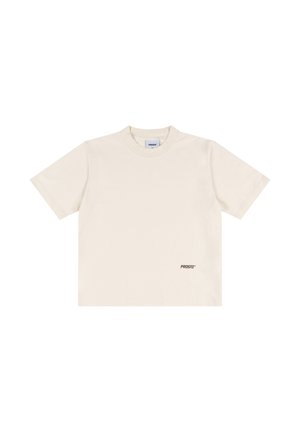 Beżowy t-shirt z krótkim rękawem i okrągłym dekoltem, z nadrukowanym logo "PROSTO" blisko dolnej krawędzi z przodu.