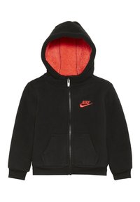 Svart zip-up hoodie med huva, med en orange, fleece-fodrad insida, och en liten röd Nike-logotyp på bröstet. Framfickor ingår.