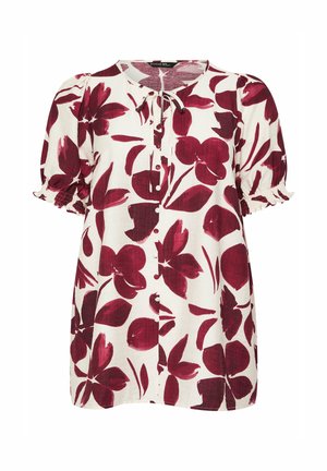 Weiße Kurzarmbluse mit burgunderrotem Blumenmuster, durchgehender Knopfleiste, rundem Ausschnitt, Bindeband-Detail und elastischen Rüschenärmeln.