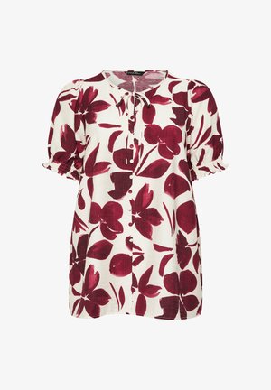 Biała bluzka z krótkim rękawem z bordowym kwiatowym wzorem, zapinana na guziki z przodu, z okrągłym dekoltem, ozdobiona wiązaniem i elastycznymi mankietami z falbanką.