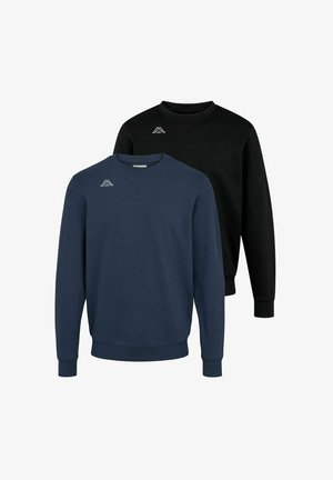 Két hosszú ujjú, kerek nyakú pulóver, az egyik tengerészkék, a másik fekete, mindkettőn egy kis fehér logó található a bal felső mellrészen.