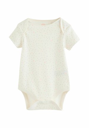 Trumpomis rankovėmis kūdikio bodis kreminės spalvos su vertikaliomis juostelėmis. Išmargintas mažomis rožinėmis ir tamsiai mėlynomis taškelėmis. Apačioje turi užsegimus spaustukais.