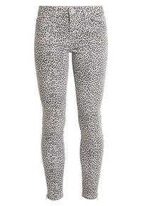 Jeans ajustados en estampado de leopardo gris, con una textura suave, cinco bolsillos y una cremallera con cierre de botón. Con sutiles cremalleras en los tobillos.