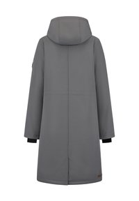 Grå vattentät kappa med huva, långa ärmar och svarta manschettaccenten. Har minimal sömnad och en enkel design med en ryggventil.