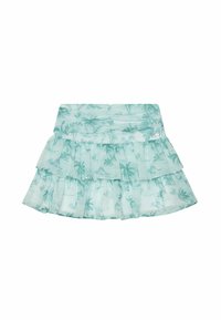 Jupe à volants vert clair avec un motif de palmier, fabriquée en tissu doux. Dispose d'une taille froncée et d'un discret logo au niveau de la taille.