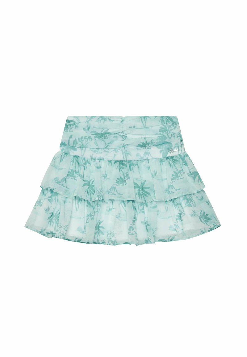 Jupe à volants vert clair avec un motif de palmier, fabriquée en tissu doux. Dispose d'une taille froncée et d'un discret logo au niveau de la taille.