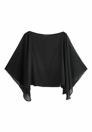 Sort, gennemsigtig chiffonponcho med brede, asymmetriske ærmer og bådudskæring.