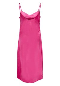 Abito in raso rosa con spalline sottili regolabili, scollatura a goccia e una texture liscia che arriva fino al ginocchio.