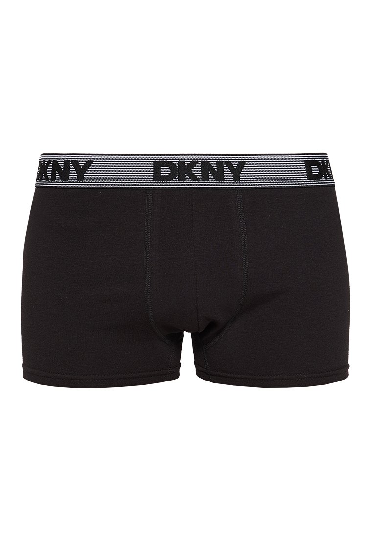 Czarne bawełniane szorty trunks z logo DKNY na pasku w paski. Projekt charakteryzuje się gładką teksturą i dopasowanym kształtem.