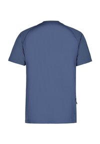 Maglietta sportiva a manica corta di colore blu navy, con motivo testurizzato, colletto rotondo e tasche con zip laterali per funzionalità.