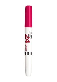 Produkt do ust Maybelline Super Stay 24 Color z białą obudową, różową pokrywką i srebrnymi akcentami; charakteryzuje się smukłym, wydłużonym kształtem.