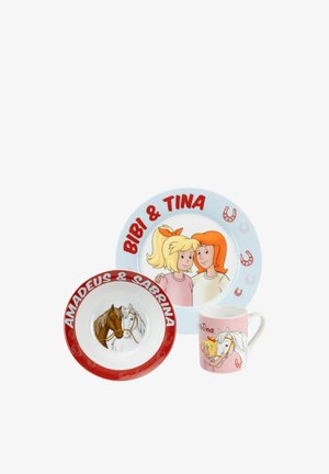 Ceramic dish set featuring colorful cartoon designs. Includes a blue plate, red bowl, and pink mug, all with character illustrations and text.