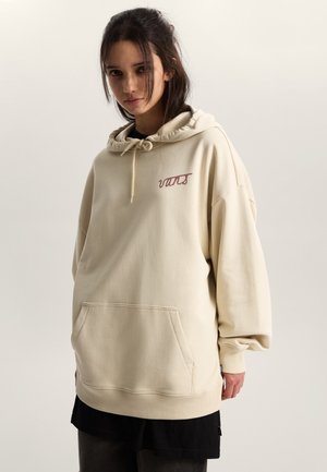 Hellbeiger Hoodie mit einer Vordertasche, verstellbarer Kapuze und gesticktem Logo. Verfügt über eine lockere Passform und gerippte Bündchen.