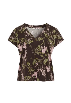 Braunes Kurzarm-V-Ausschnitt-Oberteil mit pinkem und grünem Blumenmuster, lockerer Passform und leichtem Stoff.