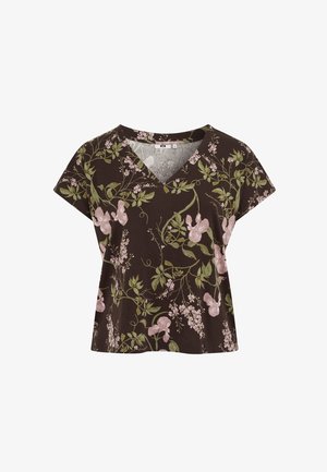 Hnědý krátký rukáv s výstřihem do V s růžovo-zeleným květinovým vzorem, volný střih a lehká látka.