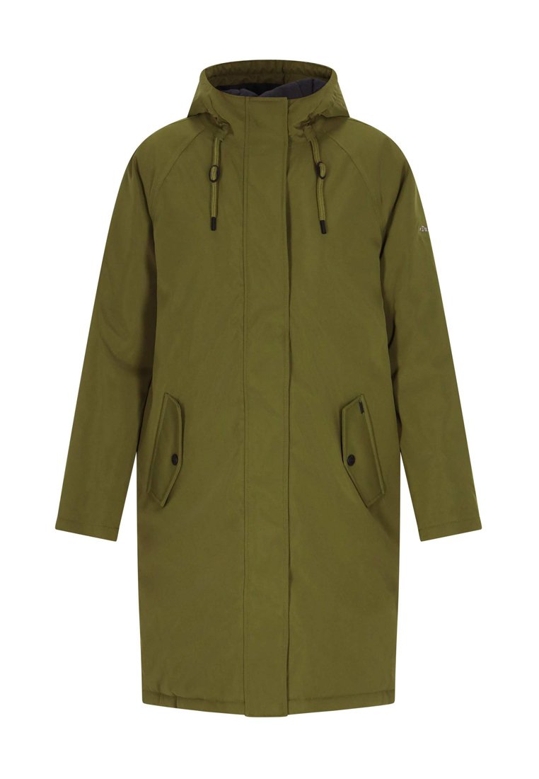 Olivgrüner wasserdichter Mantel mit Kapuze, geradem Schnitt, zwei Seitentaschen und verstellbaren Kordeln am Kragen.