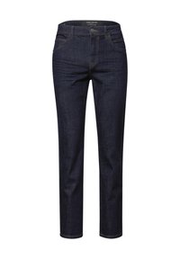 Jeans de hombre en azul oscuro, ajustados, con bolsillos frontales, pasadores para cinturón y cierre de botón en la cintura.