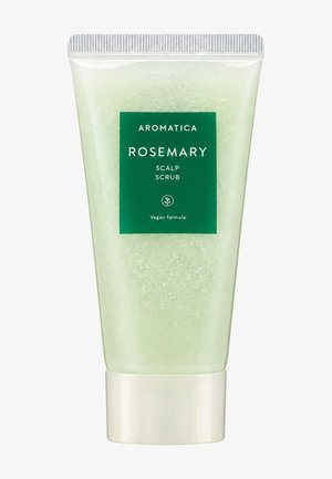 Klarer Tubus des Aromatica Rosemary Scalp Scrub mit hellgrünem Gel und weißem Verschluss, vorne mit veganer Formel beschriftet.