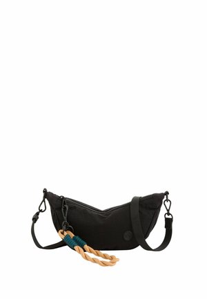 Schwarze Stoff-Schultertasche mit Reißverschluss, verstellbarem Riemen und dekorativem, gedrehtem Seilgriff in Beige- und Dunkelgrünfarben.