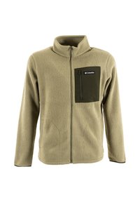 Giacca in pile di colore verde oliva chiaro, con tasca sul petto con zip di un verde più scuro, colletto alto e dettagli neri a contrasto ai polsini.