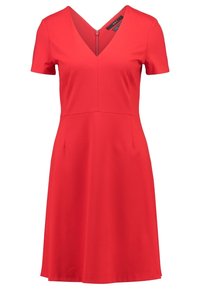 Robe rouge à manches courtes avec un décolleté en V et une fermeture éclair dissimulée. Forme évasée, tissu lisse et deux poches latérales. Pas de motifs ni d'accents.