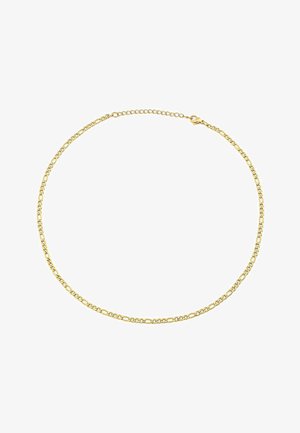 Kuldne kett, mis koosneb omavahel ühendatud ovaalsetest linkidest, sileda tekstuuriga, tavalise klambriga ja klassikalise, minimalistliku disainiga.