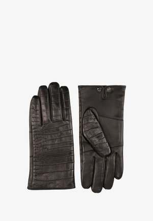 Schwarze Lederhandschuhe, eines mit Krokodilprägung und das andere mit glatter Oberfläche. Mit Knopfverschluss und weicher Textur.