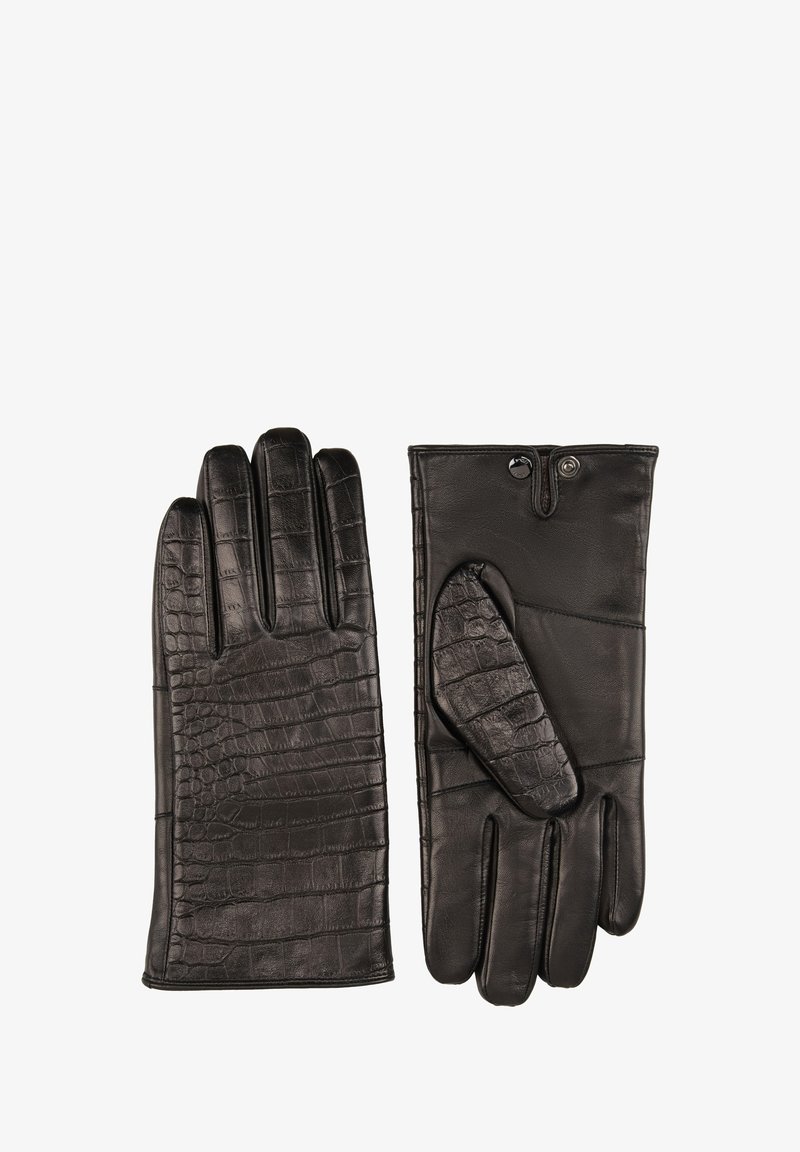 Schwarze Lederhandschuhe, eines mit Krokodilprägung und das andere mit glatter Oberfläche. Mit Knopfverschluss und weicher Textur.