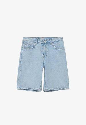 Jasnoniebieskie szorty jeansowe z przodu zapinane na guziki, z zamkiem błyskawicznym, szlufkami na pasek oraz pięcioma kieszeniami na białym tle.