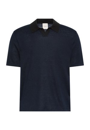 Μπλε ναυτικό πόλο με κοντά μανίκια, μαύρο γιακά και ντεκολτέ V.