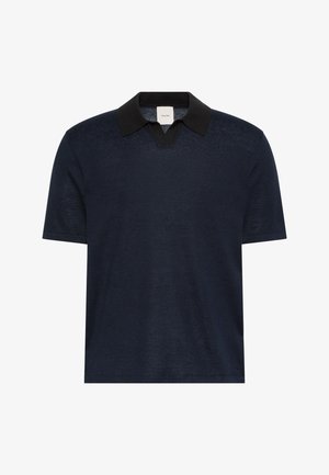Navy blauw polohemd met korte mouwen, een zwarte kraag en een V-hals.
