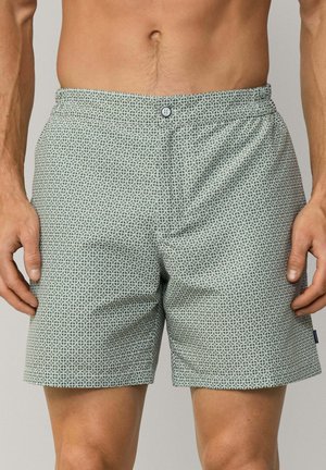 Mönstrade badshorts i ljusgrön färg, tillverkade av slätt tyg. Har en elastisk midja med knapp, geometriska tryck och sidofickor.