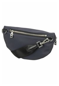 Nylon axelväska i mörk marinblå med svarta detaljer, med en silverdragkedja, logocharm och en avtagbar rem för justerbar bärning.